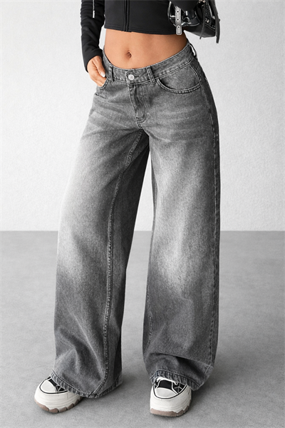 Kadın Gri Yıkamalı Bol Paça Düşük Bel Wide Leg Jean Pantolon