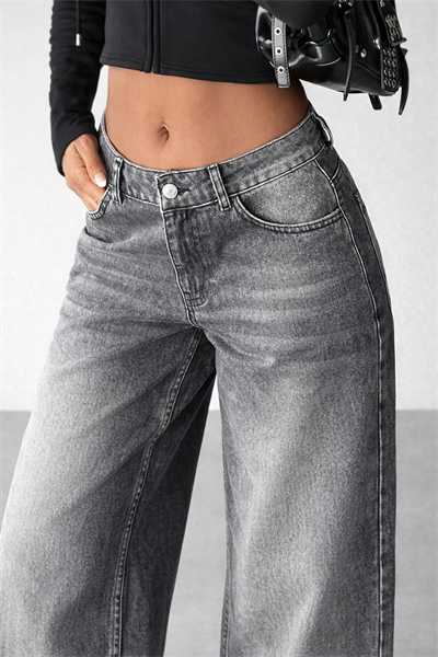 Kadın Gri Yıkamalı Bol Paça Düşük Bel Wide Leg Jean Pantolon