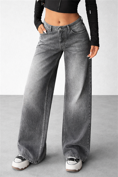 Kadın Gri Yıkamalı Bol Paça Düşük Bel Wide Leg Jean Pantolon