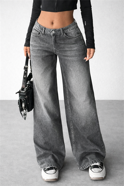 Kadın Gri Yıkamalı Bol Paça Düşük Bel Wide Leg Jean Pantolon