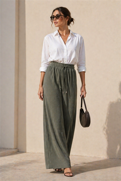 Kadın Haki Fitilli Wide Leg Pantolon Lastik Bel Kordonlu
