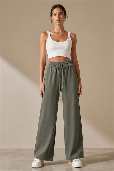 Kadın Haki Fitilli Wide Leg Pantolon Lastik Bel Kordonlu