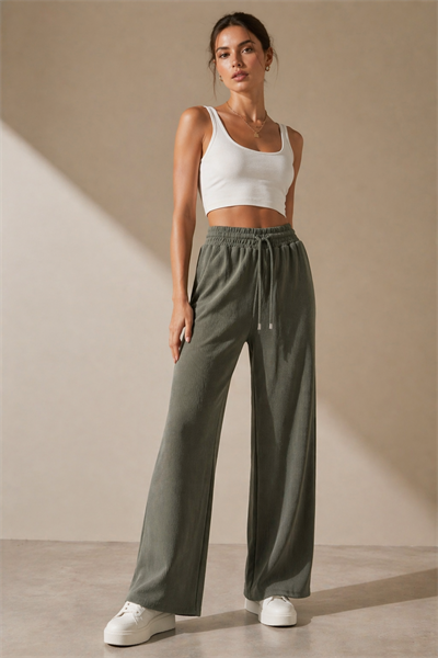 Kadın Haki Fitilli Wide Leg Pantolon Lastik Bel Kordonlu