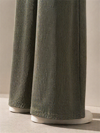 Kadın Haki Fitilli Wide Leg Pantolon Lastik Bel Kordonlu