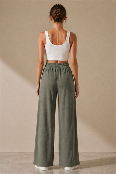 Kadın Haki Fitilli Wide Leg Pantolon Lastik Bel Kordonlu