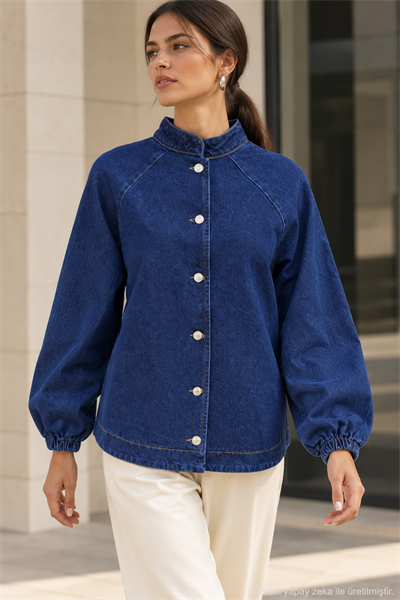 Kadın Hakim Yaka Raglan Kollu Düğmeli Denim Ceket - Lacivert Lacivert