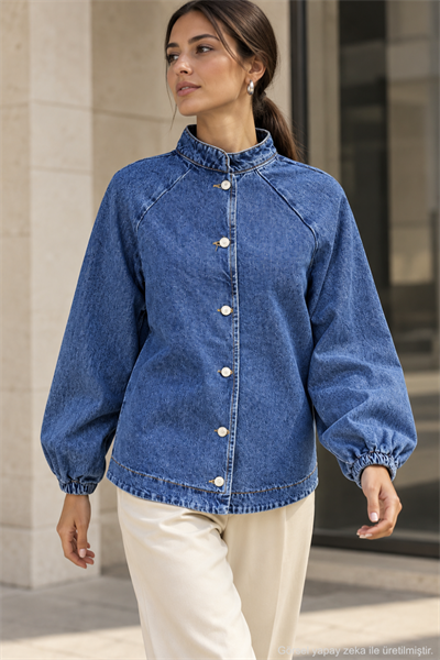 Kadın Hakim Yaka Raglan Kollu Düğmeli Denim Ceket - Mavi Mavi