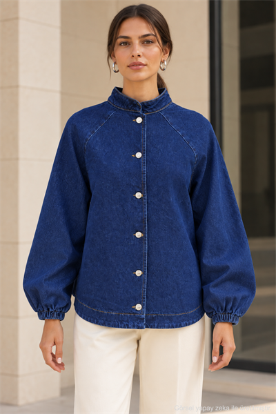 Kadın Hakim Yaka Raglan Kollu Düğmeli Denim Ceket - Lacivert Lacivert