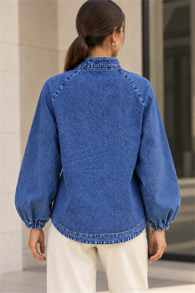 Kadın Hakim Yaka Raglan Kollu Düğmeli Denim Ceket - Mavi Mavi