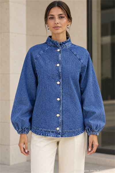 Kadın Hakim Yaka Raglan Kollu Düğmeli Denim Ceket - Mavi Mavi