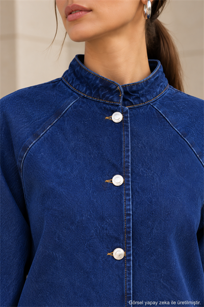 Kadın Hakim Yaka Raglan Kollu Düğmeli Denim Ceket - Lacivert Lacivert