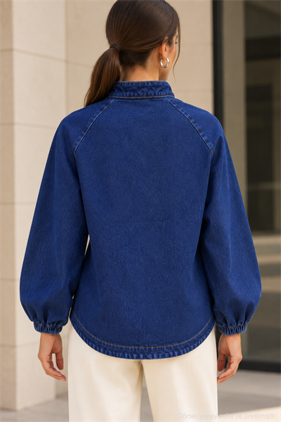Kadın Hakim Yaka Raglan Kollu Düğmeli Denim Ceket - Lacivert Lacivert