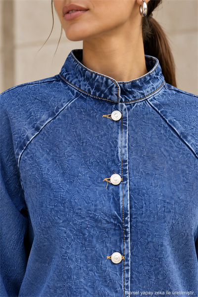 Kadın Hakim Yaka Raglan Kollu Düğmeli Denim Ceket - Mavi Mavi