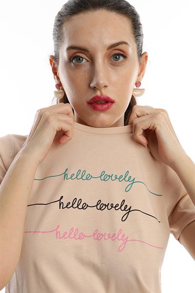 Kadın Hello Lovely Yazı Baskılı Tişört Bej