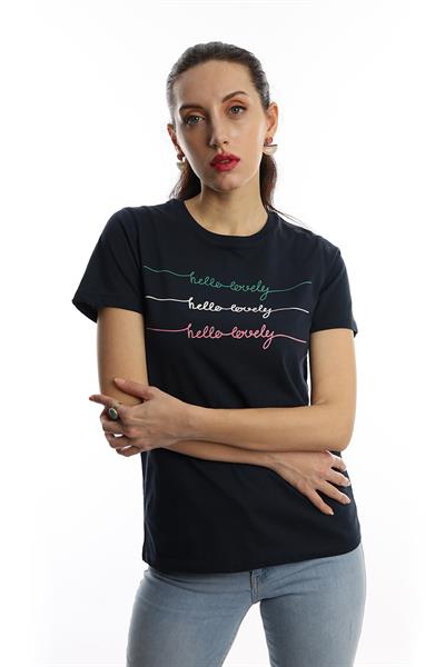 Kadın Hello Lovely Yazı Baskılı Tişört Lacivert