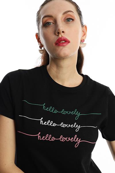 Kadın Hello Lovely Yazı Baskılı Tişört Siyah