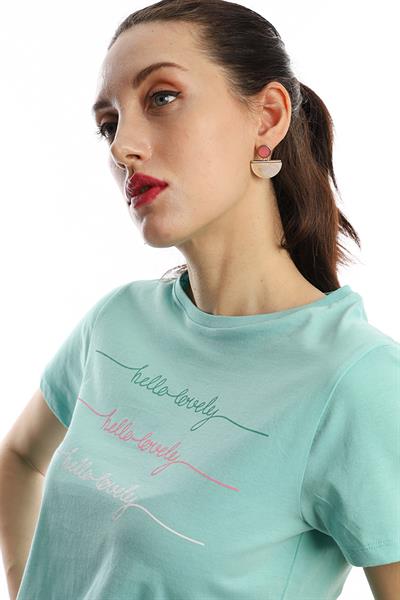 Kadın Hello Lovely Yazı Baskılı Tişört Turkuaz