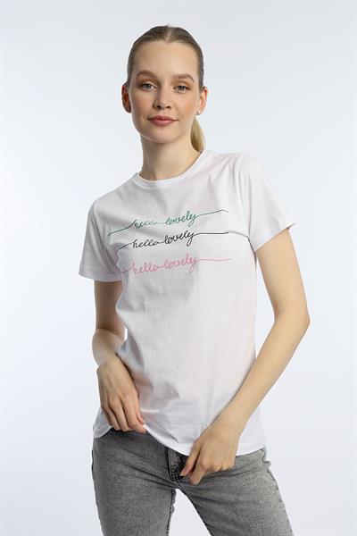 Kadın Hello Lovely Yazı Baskılı Tişört Beyaz