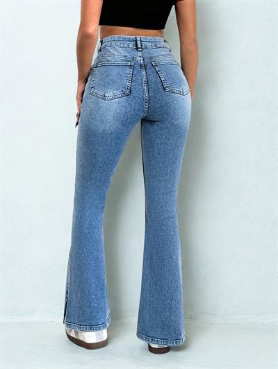 Kadın İspanyol Paça Yırtmaçlı Jeans Mavi