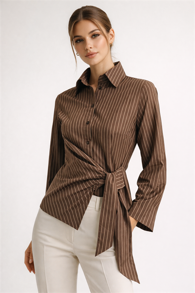 Kadın Kahverengi Çizgili Yandan Bağlamalı Slim Fit Gömlek