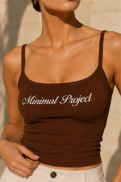 Kadın Kahverengi Minimal Project Baskılı İnce Askılı Crop Atlet