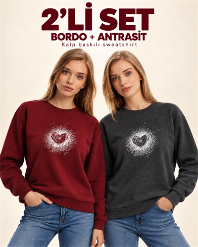 Kadın Kalp Baskılı 2’li Sweatshirt Seti – Bordo Antrasit