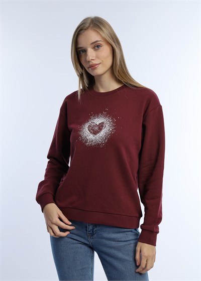 Kadın Kalp Baskılı 2’li Sweatshirt Seti – Bordo Ekru