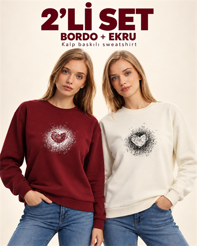 Kadın Kalp Baskılı 2’li Sweatshirt Seti – Bordo Ekru