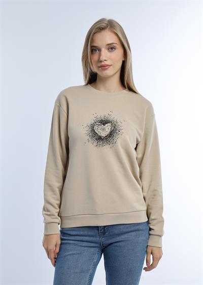 Kadın Kalp Baskılı 3 İplik Şardonsuz Sweatshirt Bej