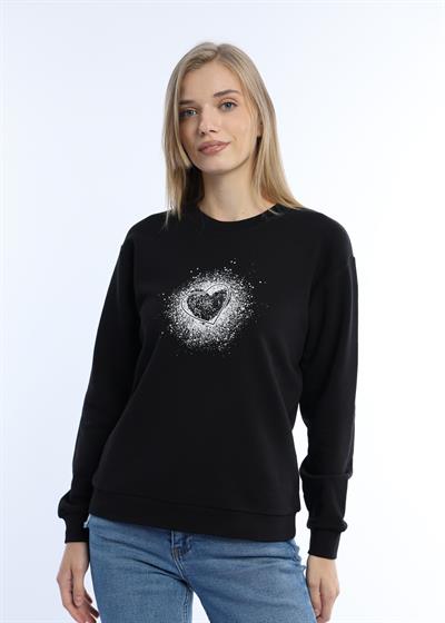 Kadın Kalp Baskılı 3 İplik Şardonsuz Sweatshirt Siyah