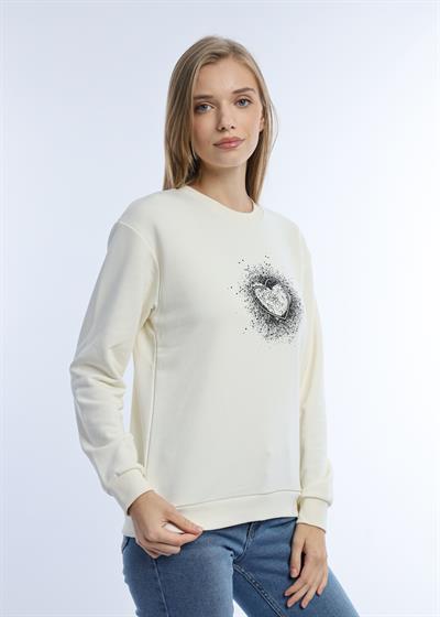 Kadın Kalp Baskılı 3 İplik Şardonsuz Sweatshirt Ekru