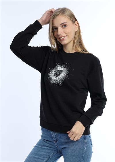 Kadın Kalp Baskılı 3 İplik Şardonsuz Sweatshirt Siyah
