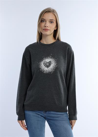 Kadın Kalp Baskılı 3 İplik Şardonsuz Sweatshirt Antrasit Melanj