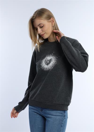 Kadın Kalp Baskılı 3 İplik Şardonsuz Sweatshirt Antrasit Melanj