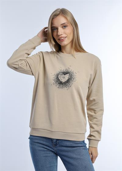 Kadın Kalp Baskılı 3 İplik Şardonsuz Sweatshirt Bej