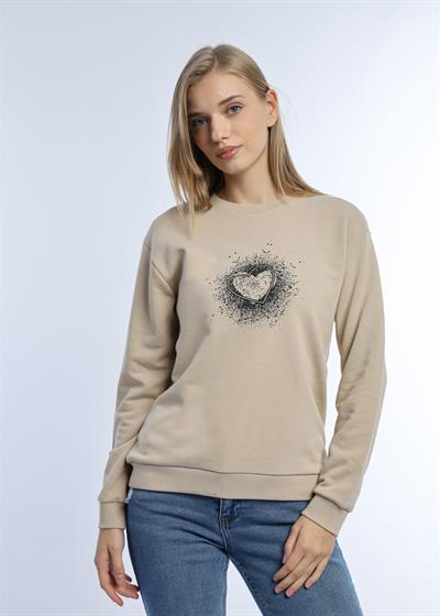 Kadın Kalp Baskılı 3 İplik Şardonsuz Sweatshirt Bej