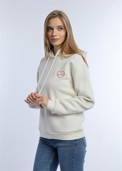 Kadin Kalp Nakışlı 3 İplik Sweatshirt Ekru