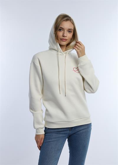 Kadin Kalp Nakışlı 3 İplik Sweatshirt Ekru