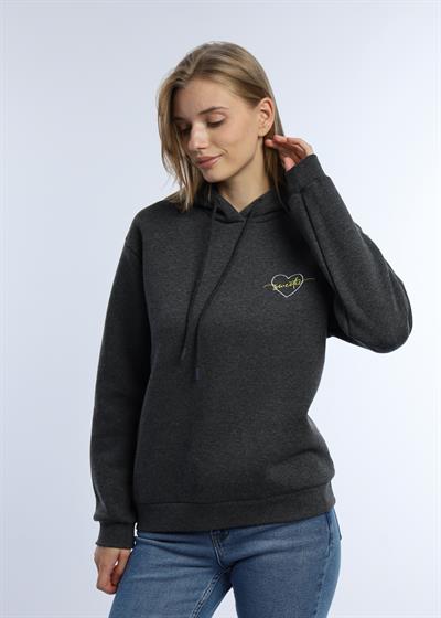 Kadin Kalp Nakışlı 3 İplik Sweatshirt Antrasit Melanj