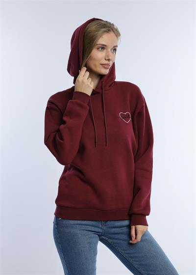 Kadin Kalp Nakışlı 3 İplik Sweatshirt Bordo