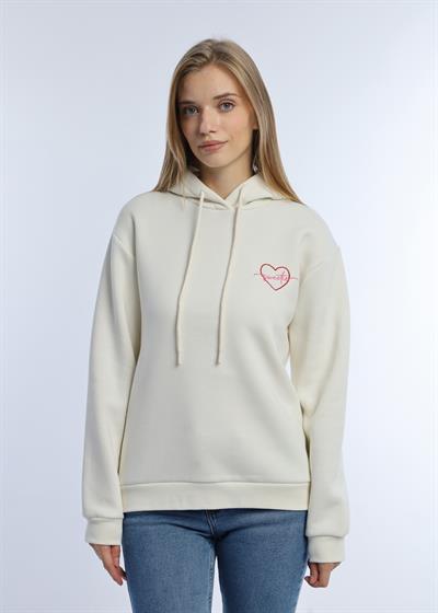 Kadin Kalp Nakışlı 3 İplik Sweatshirt Ekru