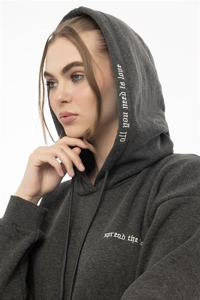 Kadın Kapüşonlu 3 İplik Sweatshirt Antrasit Melanj