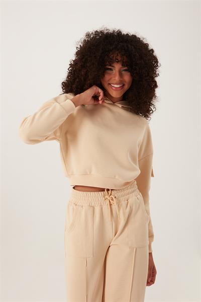 Kadın Kapüşonlu 3 İplik Sweatshirt Bej
