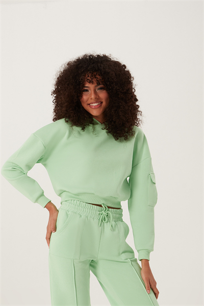 Kadın Kapüşonlu 3 İplik Sweatshirt Su Yeşili