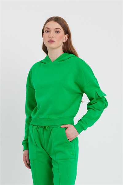 Kadın Kapüşonlu 3 İplik Sweatshirt Yeşil