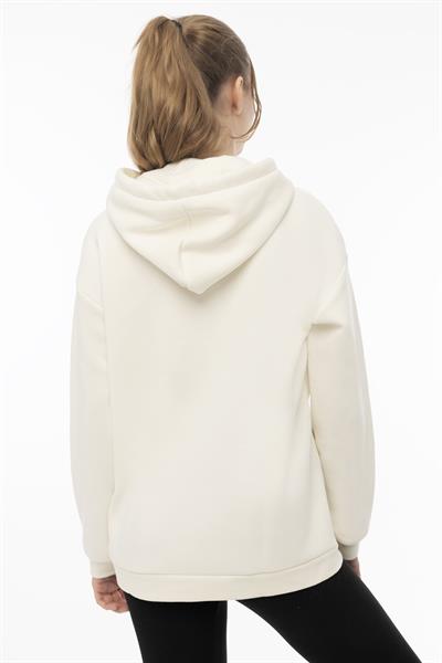Kadın Kapüşonlu Cherry Nakışlı Oversize Sweatshirt Ekru