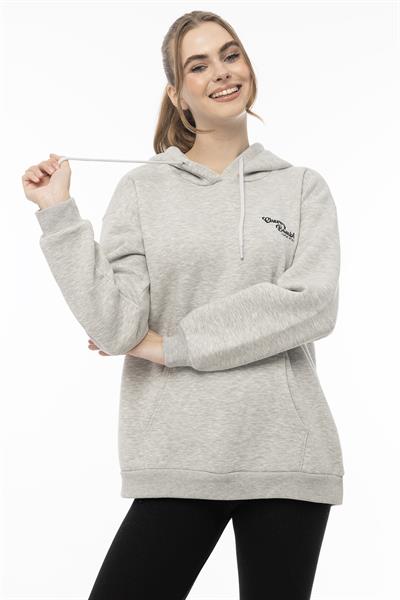 Kadın Kapüşonlu Cherry Nakışlı Oversize Sweatshirt Gri Melanj