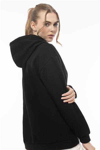 Kadın Kapüşonlu Cherry Nakışlı Oversize Sweatshirt Siyah