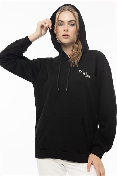 Kadın Kapüşonlu Cherry Nakışlı Oversize Sweatshirt Siyah