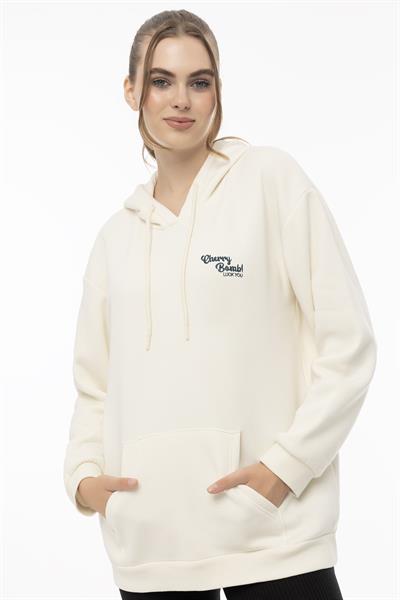 Kadın Kapüşonlu Cherry Nakışlı Oversize Sweatshirt Ekru